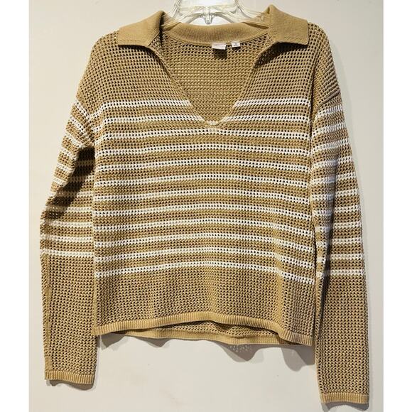 Gap Relaxed White/Tan Stripe Crochet Collared Sweater Size XSmall beach vacation - Picture 3 of 7